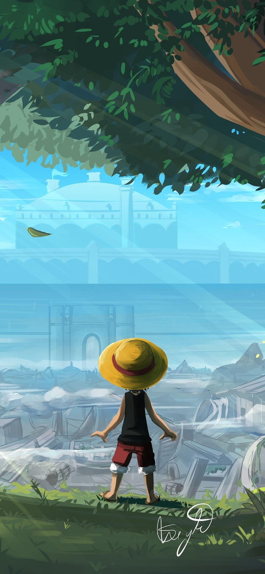 Monkey D Luffy Standing in Ruined Cityscape with Straw Hat and Distant Castle HD phone wallpaper