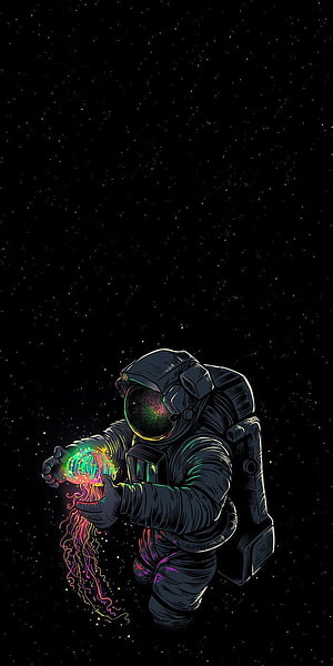 Astronaut Holding Glowing Cosmic Orb in Deep Space Illustration HD phone wallpaper