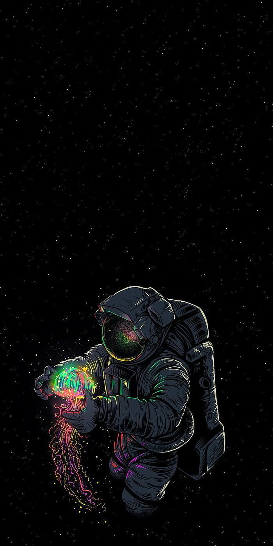 Astronaut Holding Glowing Cosmic Orb in Deep Space Illustration HD phone wallpaper