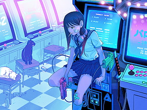 Anime Girl in School Uniform Playing Retro Arcade Games with Cats in Neon Blue Room HD wallpaper