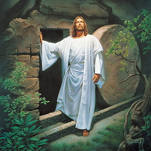 Jesus Standing at the Tomb Entrance in a White Robe HD wallpaper