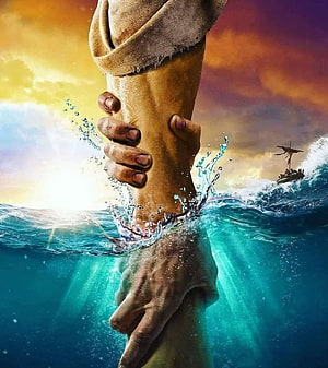 Divine Rescue: Jesus Hand Reaching Through Stormy Ocean Waves HD phone wallpaper