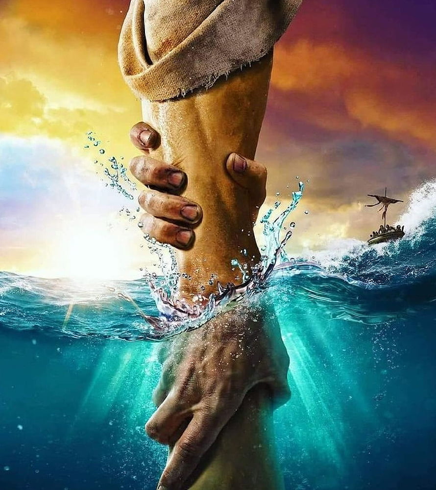 Divine Rescue: Jesus Hand Reaching Through Stormy Ocean Waves HD phone wallpaper
