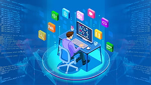 Isometric Developer at Workstation Surrounded by Floating Tech Icons and Code Background HD wallpaper