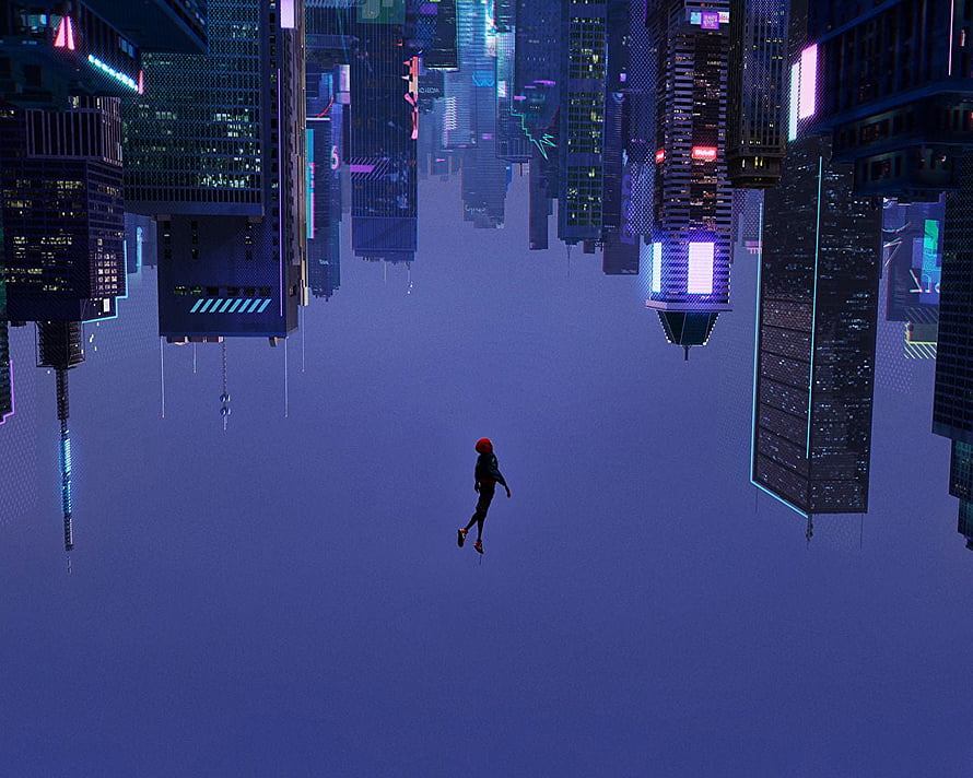 Spider-Man Into the Spider-Verse Character Leaping Through Neon Cyberpunk Cityscape HD wallpaper