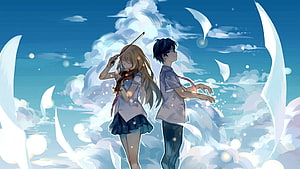 Anime Couple Playing Violin Amidst Dreamy Clouds and Floating Petals HD wallpaper