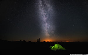 Glowing Green Tent Under the Milky Way Galaxy in a Starry Night Sky HD wallpaper