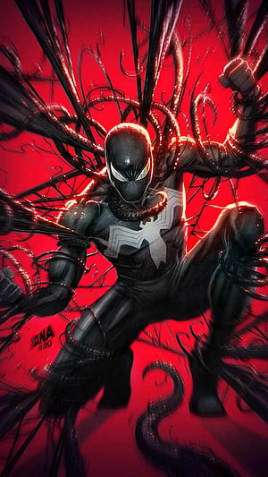 Symbiote Spider-Man with Venom Tentacles on Red Background HD phone wallpaper