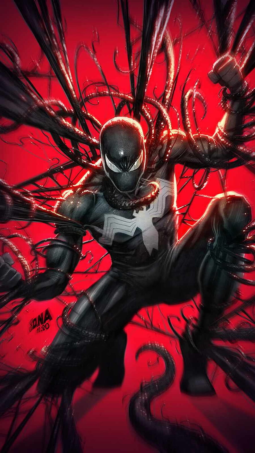 Symbiote Spider-Man with Venom Tentacles on Red Background HD phone wallpaper