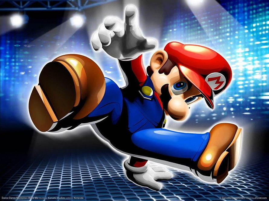 Mario Breakdancing on a Neon Grid Stage in a Dynamic Action Pose HD wallpaper