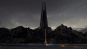Darth Vader's Castle Concept Art with Lava Flow and Dark Sky HD wallpaper