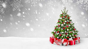 Festive Christmas Tree With Red And Silver Ornaments And Gift Boxes In Snowy Winter Scene HD wallpaper