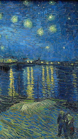 Vincent Van Gogh Starry Night Over the Rhone Oil Painting with River Reflections and Couple HD phone wallpaper