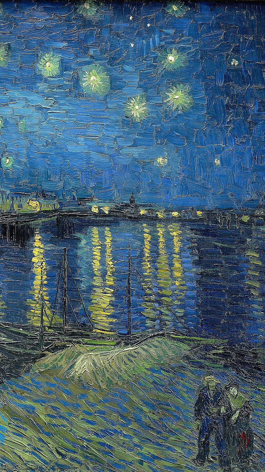 Vincent Van Gogh Starry Night Over the Rhone Oil Painting with River Reflections and Couple HD phone wallpaper