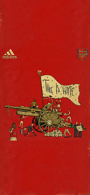 Arsenal FC Vintage Cannon Illustration with This Is Home Banner and Adidas Logo HD phone wallpaper