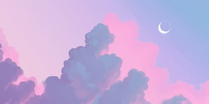 Dreamy Pastel Sky with Soft Pink Clouds and Crescent Moon HD wallpaper