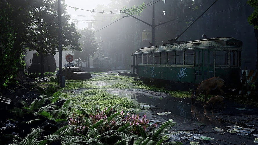 Overgrown Post-Apocalyptic City Street with Abandoned Tram and Deer HD wallpaper