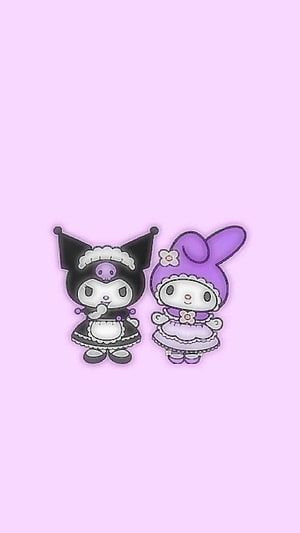 Kuromi and My Melody in Cute Maid Outfits on Soft Pink Background HD phone wallpaper