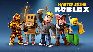 Roblox Master Skins Character Lineup Featuring Warrior, Robot, Builder, and Pirate Avatars HD wallpaper
