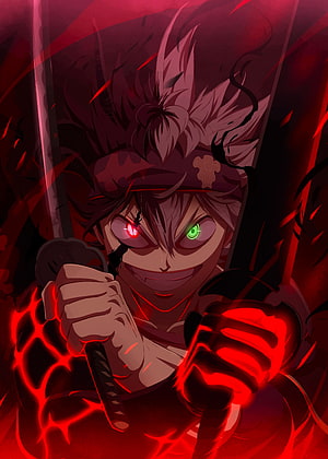 Asta from Black Clover wielding dual swords with glowing red and green eyes in a dark red anime illustration HD phone wallpaper