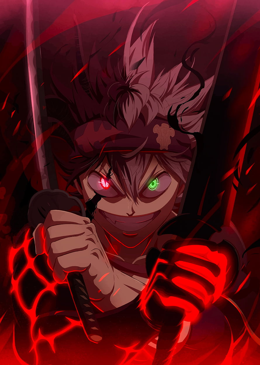 Asta from Black Clover wielding dual swords with glowing red and green eyes in a dark red anime illustration HD phone wallpaper
