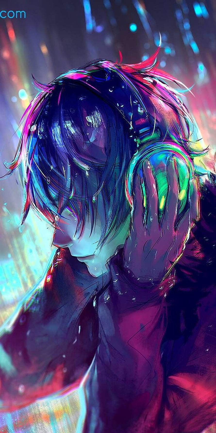 Emotional Anime Character in Neon Rain with Headphones HD phone wallpaper