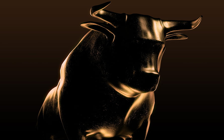 Dramatic Black Bull Sculpture with Golden Rim Lighting on Dark Background HD wallpaper
