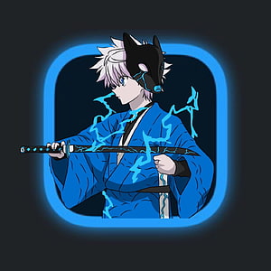 Anime Character in Blue Kimono with Wolf Mask and Glowing Katana HD phone wallpaper
