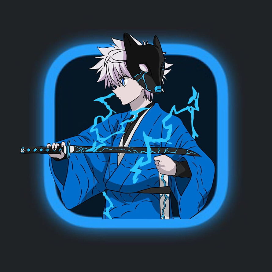 Anime Character in Blue Kimono with Wolf Mask and Glowing Katana HD phone wallpaper