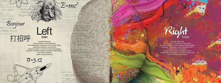 Left Brain vs Right Brain Concept Art with Einstein Portrait and Colorful Abstract Paint Splashes HD wallpaper