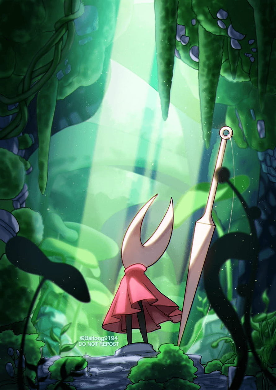 Hollow Knight Silksong Hornet Character Standing in Lush Green Forest with Spear HD phone wallpaper