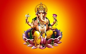 Lord Ganesha Seated on Lotus with Axe and Lotus Flower on Vibrant Orange Background HD wallpaper