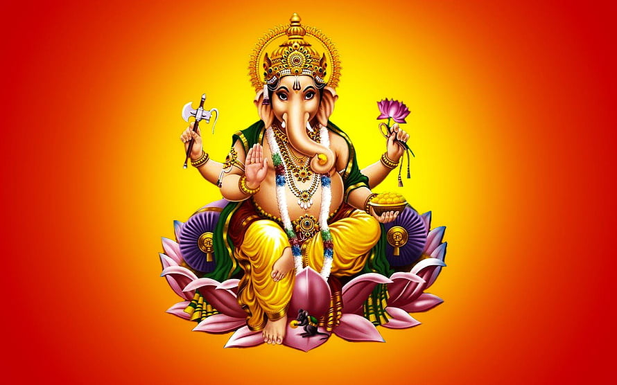 Lord Ganesha Seated on Lotus with Axe and Lotus Flower on Vibrant Orange Background HD wallpaper
