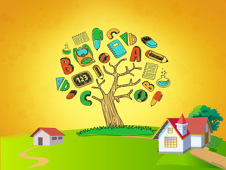 Colorful Educational Tree with School Supplies and Alphabet Letters in a Village Landscape HD wallpaper
