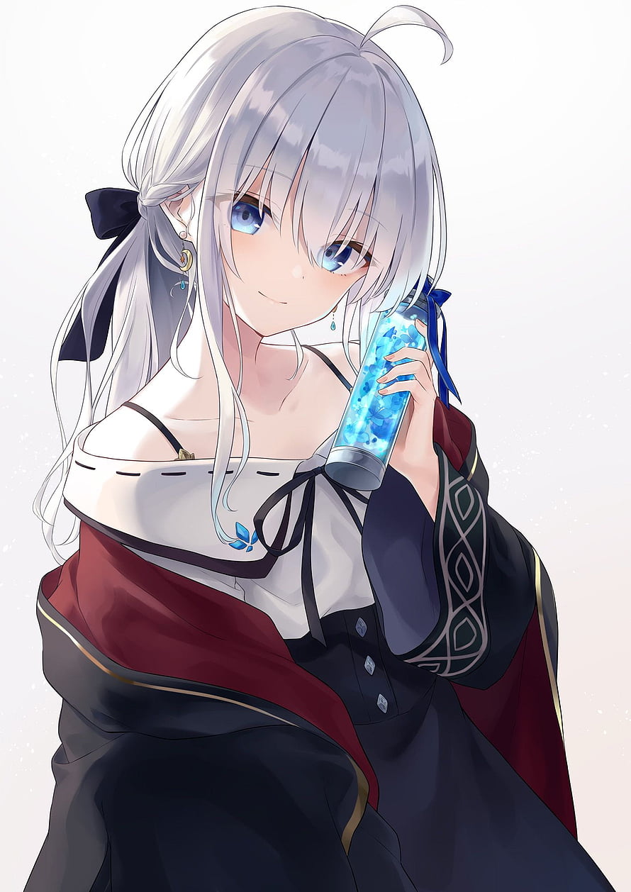 Elaina Anime Character Holding Glowing Blue Vial in Dark Red and Black Outfit HD phone wallpaper