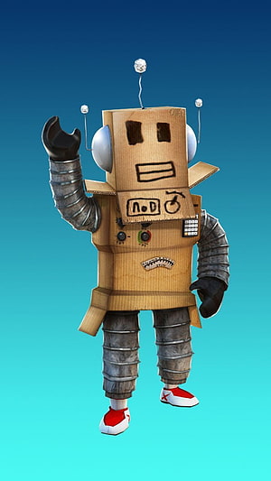 Cardboard Robot Character with Metal Limbs and Red Sneakers on Blue Gradient Background HD phone wallpaper