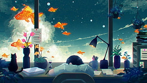 Cozy Lofi Study Room with Sleeping Cat and Floating Goldfish in Dreamy Night Sky HD wallpaper