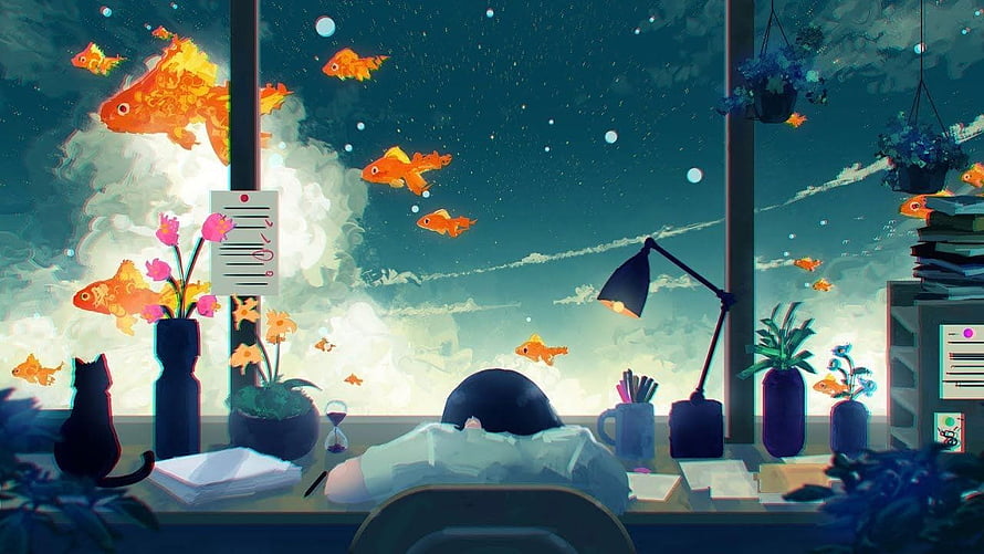 Cozy Lofi Study Room with Sleeping Cat and Floating Goldfish in Dreamy Night Sky HD wallpaper