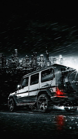 Black Mercedes G Wagon on a Rainy Night with City Skyline HD phone wallpaper