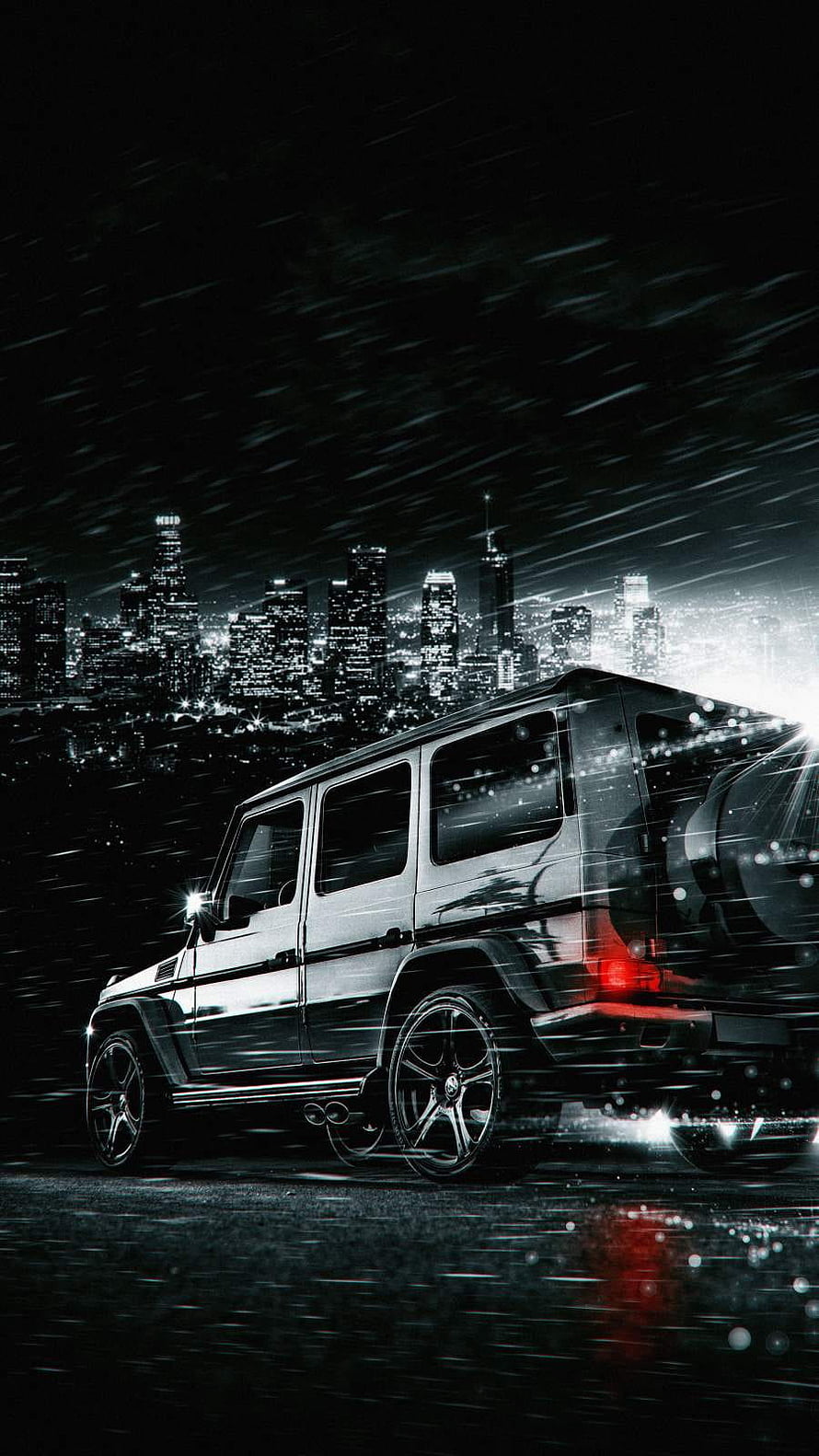 Black Mercedes G Wagon on a Rainy Night with City Skyline HD phone wallpaper