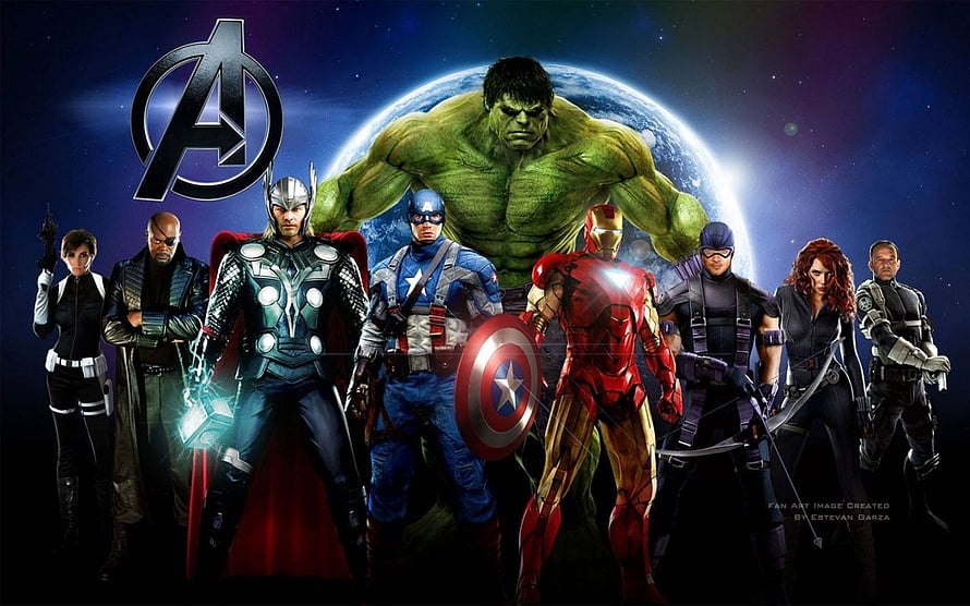 The Avengers Team Lineup with Hulk and Iron Man Against a Cosmic Planet Backdrop HD wallpaper