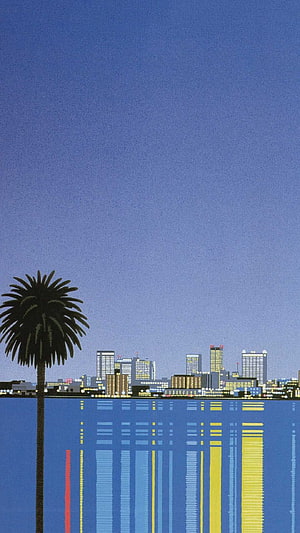 Hiroshi Nagai Minimalist Cityscape with Palm Tree and Water Reflection HD phone wallpaper