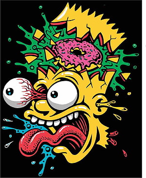 Psychedelic Bart Simpson Illustration with Donut and Splatter Art on Black Background HD phone wallpaper