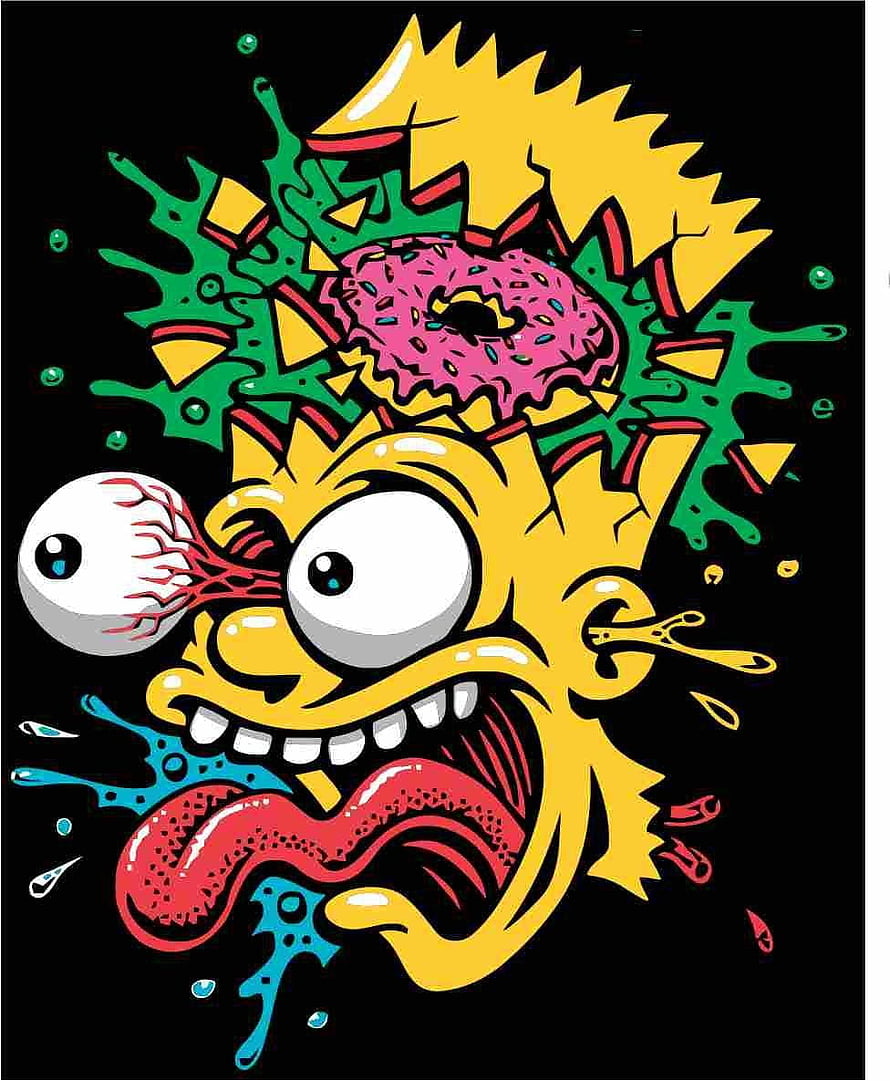 Psychedelic Bart Simpson Illustration with Donut and Splatter Art on Black Background HD phone wallpaper