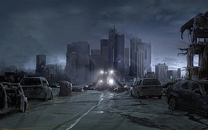 Post-Apocalyptic Cityscape with Abandoned Vehicles and Dark Sky HD wallpaper