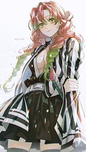Kanroji Mitsuri from Demon Slayer in her checkered haori with long braided hair HD phone wallpaper
