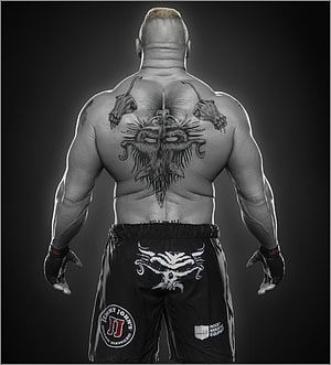 Brock Lesnar Back Tattoo Design and MMA Shorts in Black and White HD phone wallpaper