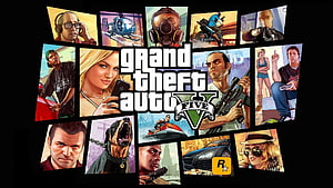 Grand Theft Auto V Character Collage Poster with Rockstar Games Logo HD wallpaper