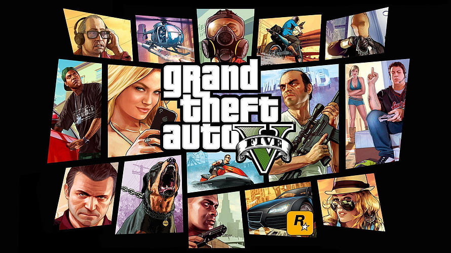 Grand Theft Auto V Character Collage Poster with Rockstar Games Logo HD wallpaper