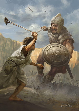 David and Goliath Battle Scene with Sling and Sword in Historical Illustration HD phone wallpaper